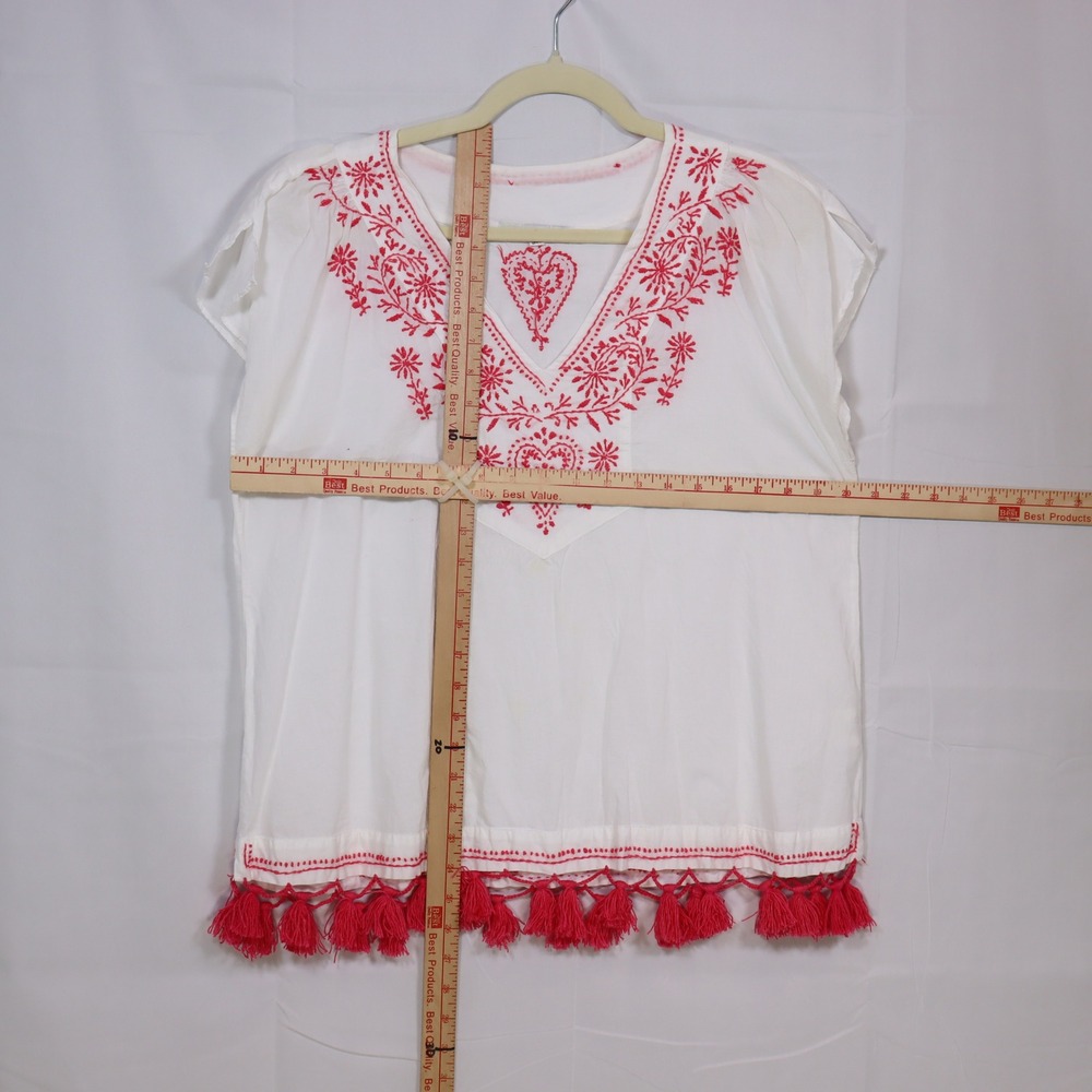 Subtle Luxury Embroidered Tassel Top S/M White Womens Boho V-Neck Blouse - Picture 3 of 5